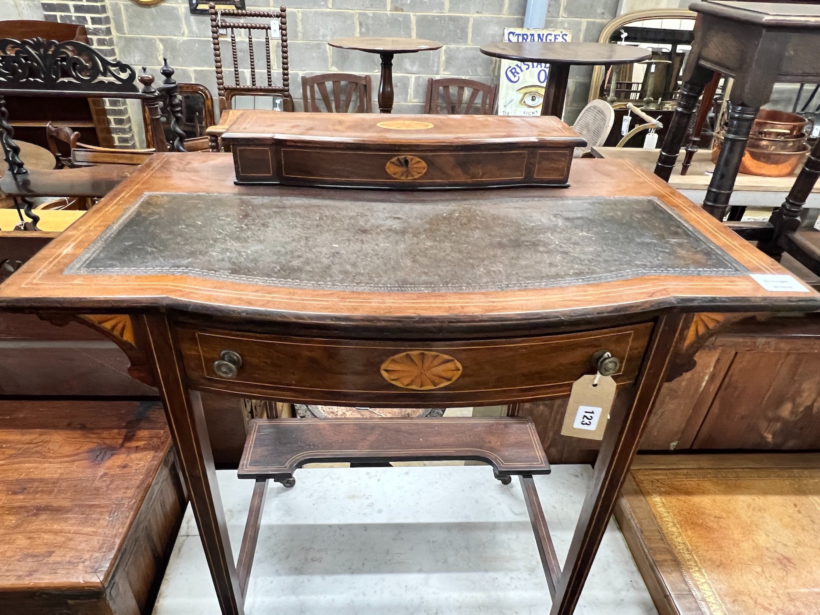 An Edwardian inlaid rosewood writing table, width 76cm, depth 46cm, height 71cm